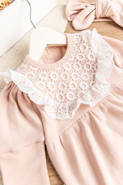 Güpürlü Bandanalı Kız Bebek Tulum Bebek Çıt Çıtlı Body SOMON -  12 Ay