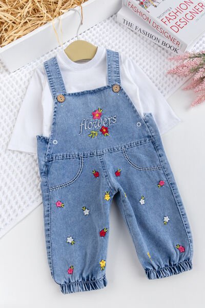 Kız Bebek Çiçek Nakışlı Pamuklu 2'li Denim Şık Kot Salopet Tulum Takım MAVİ -  6-9 AY