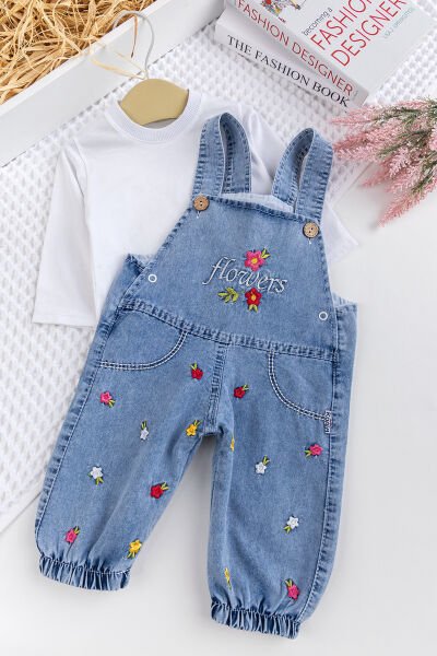 Kız Bebek Çiçek Nakışlı Pamuklu 2'li Denim Şık Kot Salopet Tulum Takım MAVİ -  6-9 AY