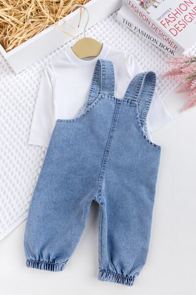 Kız Bebek Çiçek Nakışlı Pamuklu 2'li Denim Şık Kot Salopet Tulum Takım MAVİ -  6-9 AY