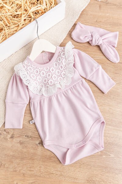 Güpürlü Bandanalı Kız Bebek Tulum Bebek Çıt Çıtlı Body PUDRA - 9 Ay