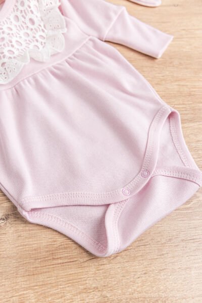 Güpürlü Bandanalı Kız Bebek Tulum Bebek Çıt Çıtlı Body PUDRA - 9 Ay