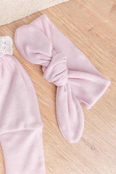 Güpürlü Bandanalı Kız Bebek Tulum Bebek Çıt Çıtlı Body PUDRA - 9 Ay