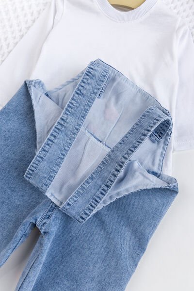 Kız Bebek Çiçek Nakışlı Pamuklu 2'li Denim Şık Kot Salopet Tulum Takım MAVİ -  9-12 AY