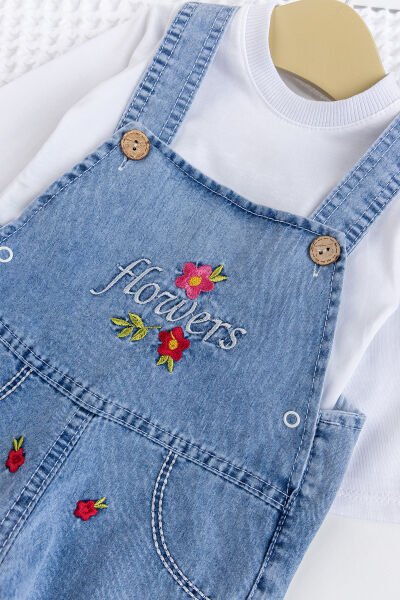 Kız Bebek Çiçek Nakışlı Pamuklu 2'li Denim Şık Kot Salopet Tulum Takım MAVİ -  9-12 AY