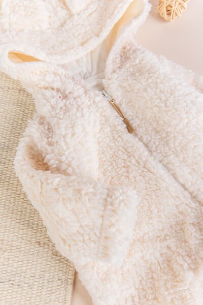 Kapüşonlu Welsoft Peluş Kışlık Kız/Erkek Bebek Tulum KREM -  0-3 AY