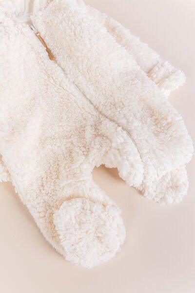 Kapüşonlu Welsoft Peluş Kışlık Kız/Erkek Bebek Tulum KREM -  0-3 AY