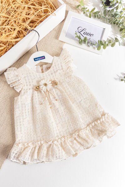 Çiçek Desenli Güpürlü Yazlık Kız Bebek Elbise BEJ -  12-18 AY