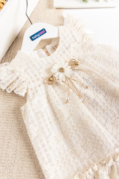 Çiçek Desenli Güpürlü Yazlık Kız Bebek Elbise BEJ -  12-18 AY