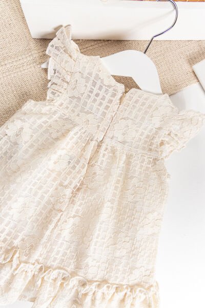 Çiçek Desenli Güpürlü Yazlık Kız Bebek Elbise BEJ -  12-18 AY