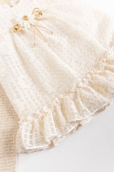 Çiçek Desenli Güpürlü Yazlık Kız Bebek Elbise BEJ -  12-18 AY