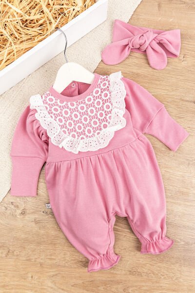 Güpürlü Bandanalı Kız Bebek Tulum PEMBE -  0-3 AY