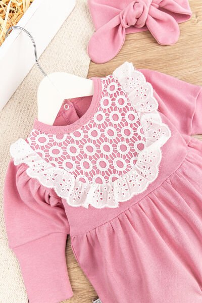 Güpürlü Bandanalı Kız Bebek Tulum PEMBE -  0-3 AY