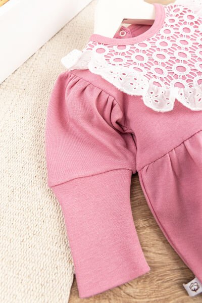 Güpürlü Bandanalı Kız Bebek Tulum PEMBE -  0-3 AY