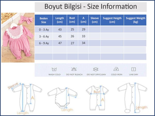 Güpürlü Bandanalı Kız Bebek Tulum PEMBE -  0-3 AY