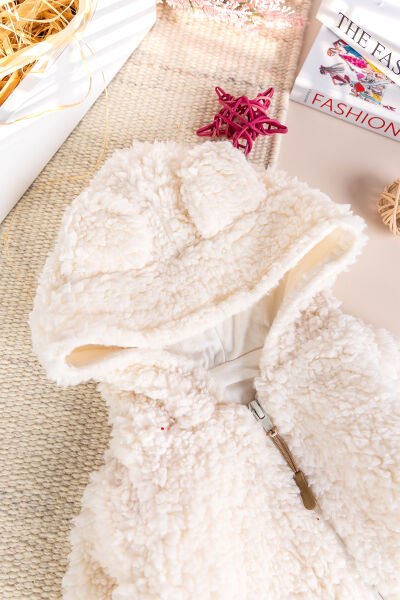 Kapüşonlu Welsoft Peluş Kışlık Kız/Erkek Bebek Tulum KREM - 3-6 AY