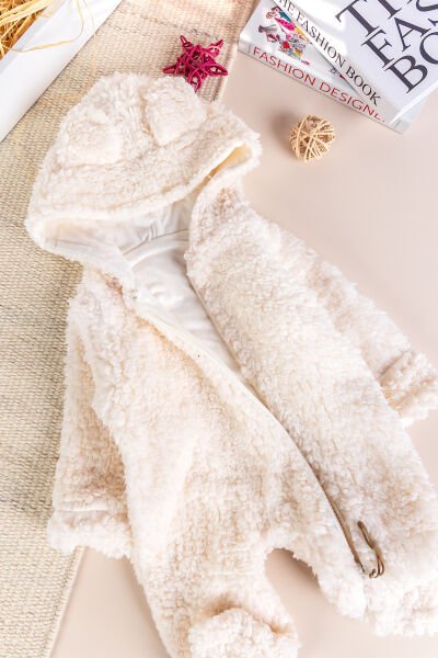 Kapüşonlu Welsoft Peluş Kışlık Kız/Erkek Bebek Tulum KREM -  6-9 AY