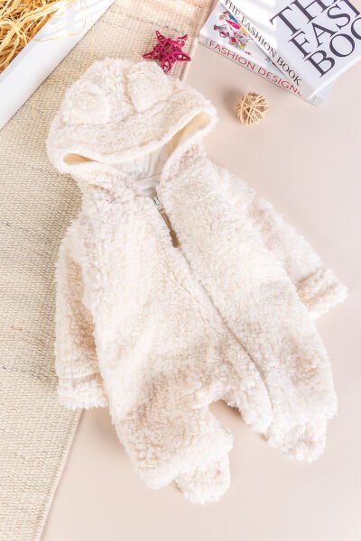 Kapüşonlu Welsoft Peluş Kışlık Kız/Erkek Bebek Tulum KREM -  9-12 AY