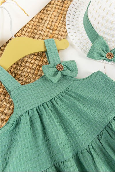 Fiyonklu Yazlık Kız Çocuk Şapkalı Elbise YEŞİL - 3-4 Yaş