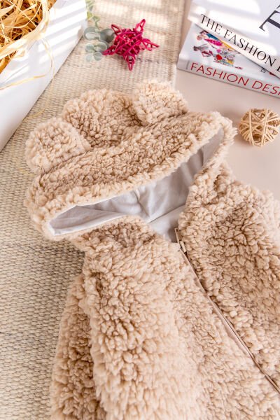 Kapüşonlu Welsoft Peluş Kışlık Kız/Erkek Bebek Tulum BEJ -  0-3 AY