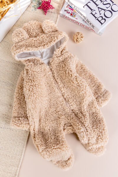 Kapüşonlu Welsoft Peluş Kışlık Kız/Erkek Bebek Tulum BEJ - 3-6 AY