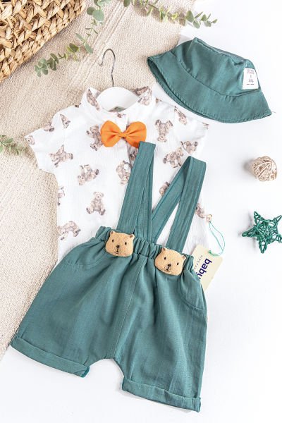 Ayıcık Figürlü Papyonlu Şapkalı Yazlık Erkek Bebek Salopet Tulum Takım