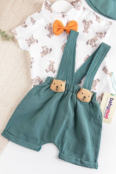 Ayıcık Figürlü Papyonlu Şapkalı Yazlık Erkek Bebek Salopet Tulum Takım