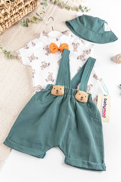 Ayıcık Figürlü Papyonlu Şapkalı Yazlık Erkek Bebek Salopet Tulum Takım