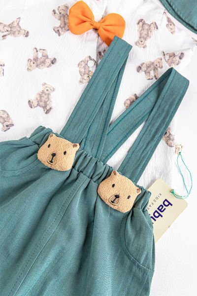 Ayıcık Figürlü Papyonlu Şapkalı Yazlık Erkek Bebek Salopet Tulum Takım