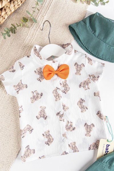 Ayıcık Figürlü Papyonlu Şapkalı Yazlık Erkek Bebek Salopet Tulum Takım