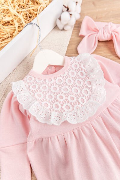 Güpürlü Bandanalı Kız Bebek Tulum SOMON -  6-9 AY