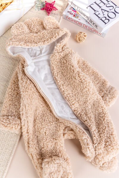 Kapüşonlu Welsoft Peluş Kışlık Kız/Erkek Bebek Tulum BEJ -  6-9 AY