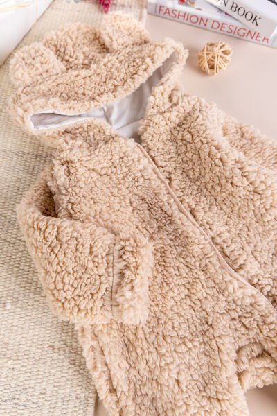 Kapüşonlu Welsoft Peluş Kışlık Kız/Erkek Bebek Tulum BEJ -  6-9 AY