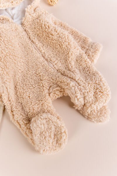 Kapüşonlu Welsoft Peluş Kışlık Kız/Erkek Bebek Tulum BEJ -  6-9 AY