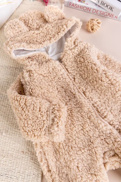 Kapüşonlu Welsoft Peluş Kışlık Kız/Erkek Bebek Tulum BEJ -  9-12 AY
