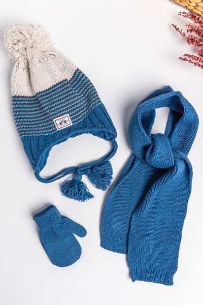 1-4 Yaş Erkek Çocuk Üçlü Atkı Bere Eldiven Takımı MAVİ - 1-4 Yaş