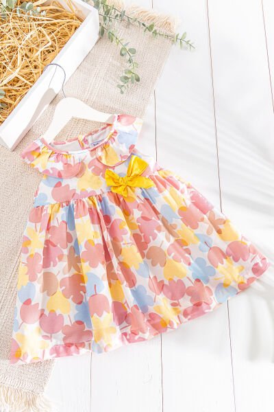 Çiçek Desenli Fiyonklu Yazlık Kız Bebek/Çocuk Elbise SOMON - 2-3 Yaş
