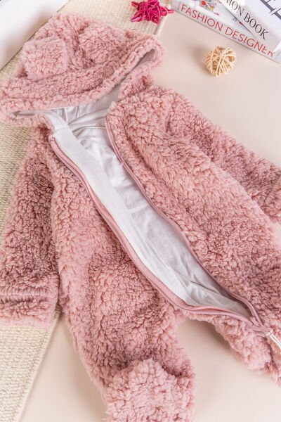 Kapüşonlu Welsoft Peluş Kışlık Kız/Erkek Bebek Tulum Gül kurusu -  0-3 AY