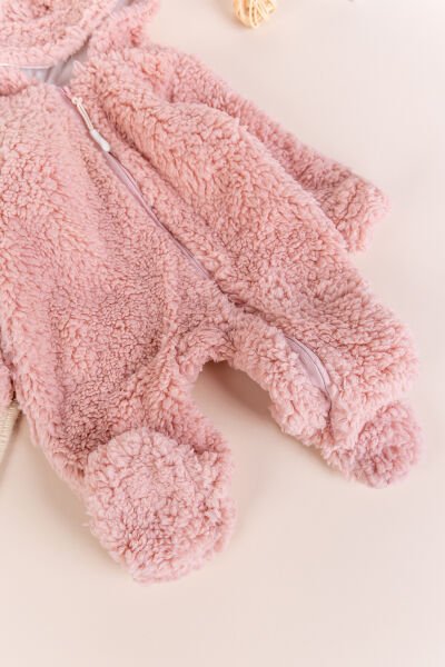 Kapüşonlu Welsoft Peluş Kışlık Kız/Erkek Bebek Tulum Gül kurusu -  0-3 AY