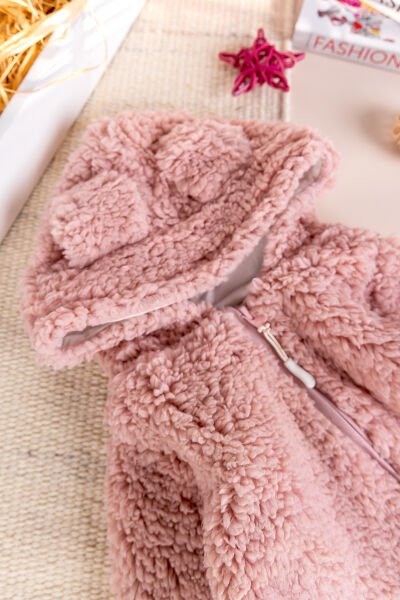 Kapüşonlu Welsoft Peluş Kışlık Kız/Erkek Bebek Tulum Gül kurusu -  0-3 AY
