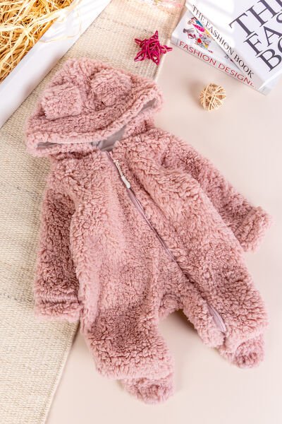 Kapüşonlu Welsoft Peluş Kışlık Kız/Erkek Bebek Tulum Gül kurusu - 3-6 AY