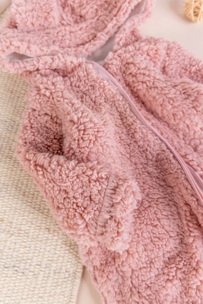 Kapüşonlu Welsoft Peluş Kışlık Kız/Erkek Bebek Tulum Gül kurusu - 3-6 AY