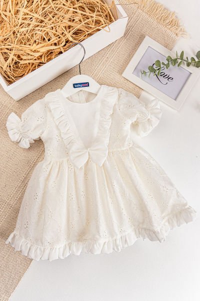 Fiyonklu Fırfırlı Kısa Kollu Kız Çocuk Krem Elbise KREM - 2 Yaş