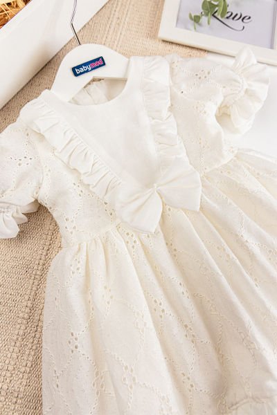 Fiyonklu Fırfırlı Kısa Kollu Kız Çocuk Krem Elbise KREM - 2 Yaş