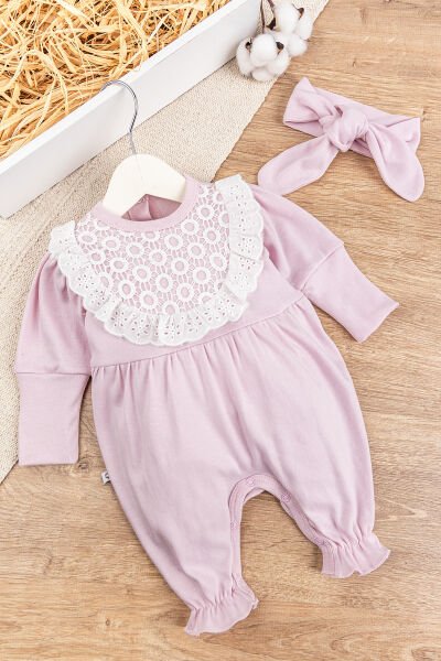 Güpürlü Bandanalı Kız Bebek Tulum PUDRA - 3-6 AY