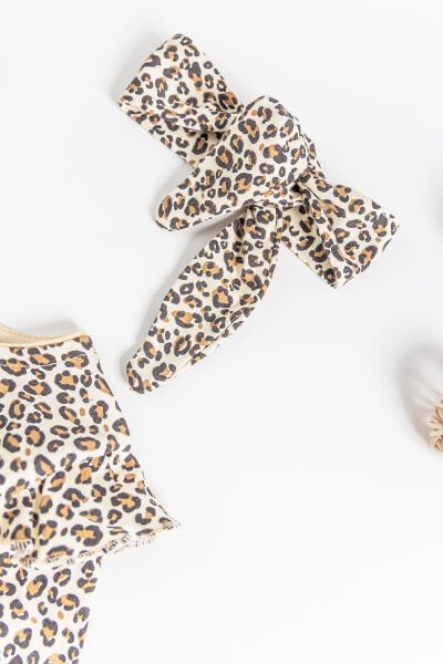 Leopar Desenli Bandanalı Kız Bebek Tulum