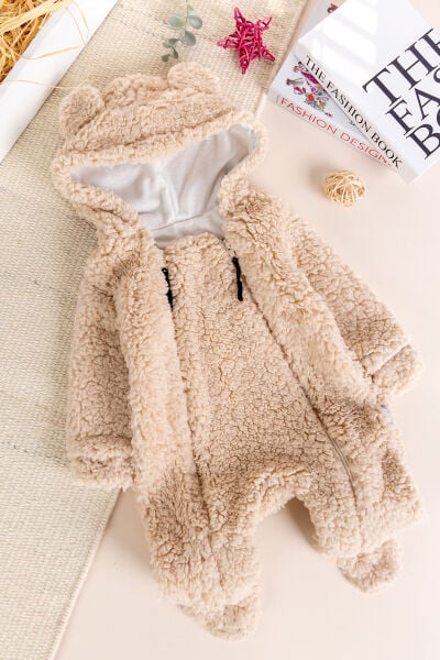 Kapüşonlu Ayıcık Figürlü Welsoft Peluş Kışlık Kız/Erkek Bebek Tulum