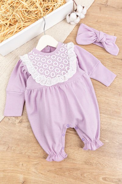 Güpürlü Bandanalı Kız Bebek Tulum LİLA -  6-9 AY