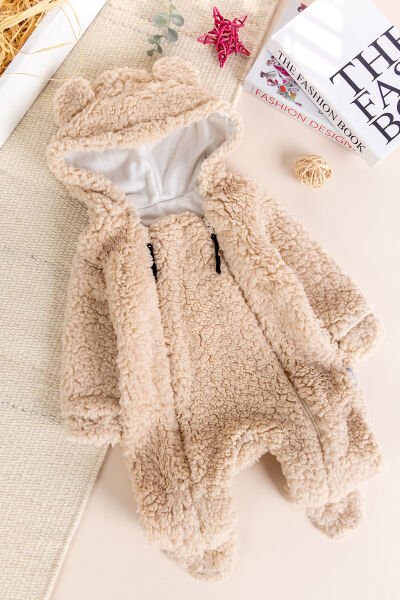 Kapüşonlu Ayıcık Figürlü Welsoft Peluş Kışlık Kız/Erkek Bebek Tulum BEJ -  0-3 AY