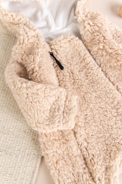 Kapüşonlu Ayıcık Figürlü Welsoft Peluş Kışlık Kız/Erkek Bebek Tulum BEJ -  0-3 AY